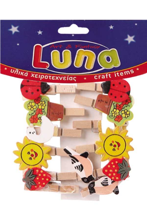 Μανταλάκια ξύλινα 12τμχ διάφορα σχέδια Luna 0601674