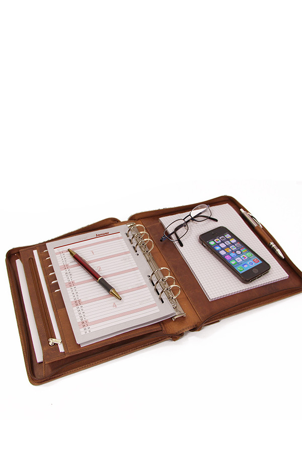 Organizer δερμάτινο 21x27cm Α5 με διπλό φερμουάρ Almadih καφέ deluxe