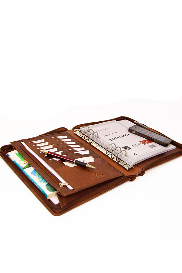 Organizer δερμάτινο 21x27cm Α5 με διπλό φερμουάρ Almadih καφέ deluxe