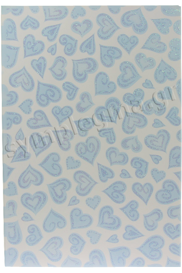 Χαρτόνι 21x30 λευκό τυπωμένο γαλάζιες καρδιές glitter HEYDA 72822