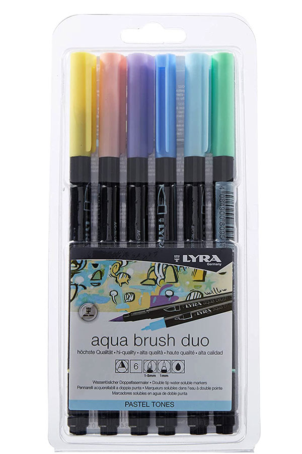 Μαρκαδόροι ζωγραφικής LYRA aqua brush duo με μύτη πινέλο 6 χρωμάτων pastel tones 6521061